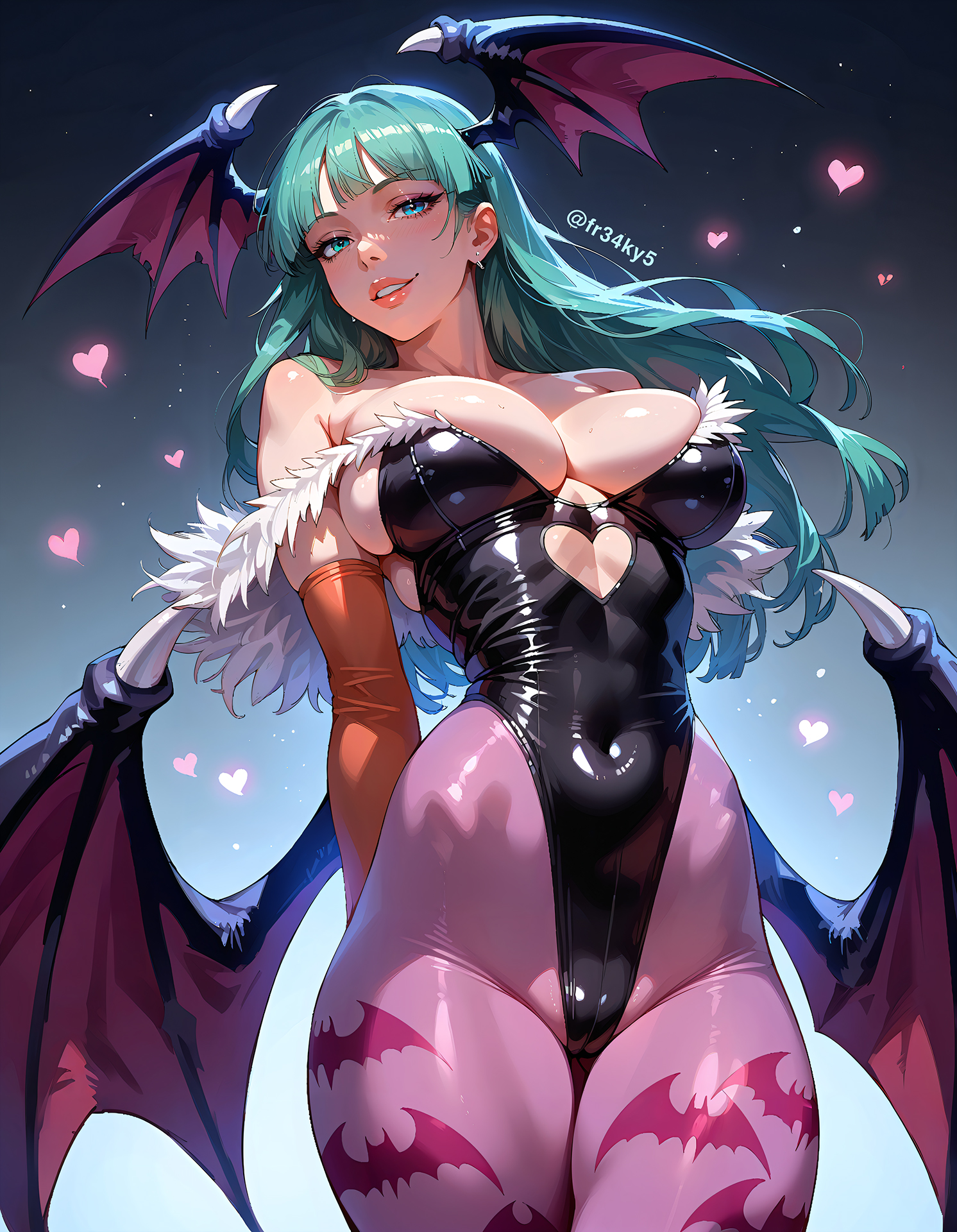 ai generated, breasts, darkstalkers, demon, female, fr34ky, from below, hips, huge breasts, leotard, morrigan aensland, pantyhose, succubus, thighs, vampire girl