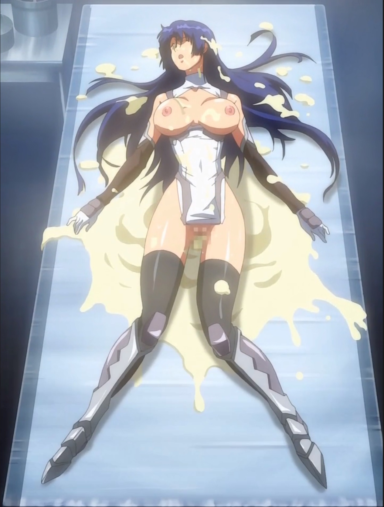 2d, after rape, after sex, blue hair, breasts, broken, broken rape victim, bukkake, clothed rape, cum, cum in pussy, cum on body, cum on breasts, cum on clothes, cum on floor, cum on hair, cum on lower body, cum on upper body, cum pool, defeated, female, large breasts, lilith-soft, long hair, lying, makai kishi ingrid, no bra, pussy, pussy juice, rape, screencap, sweat, tagme, taimanin (series), taimanin murasaki, yatsu murasaki