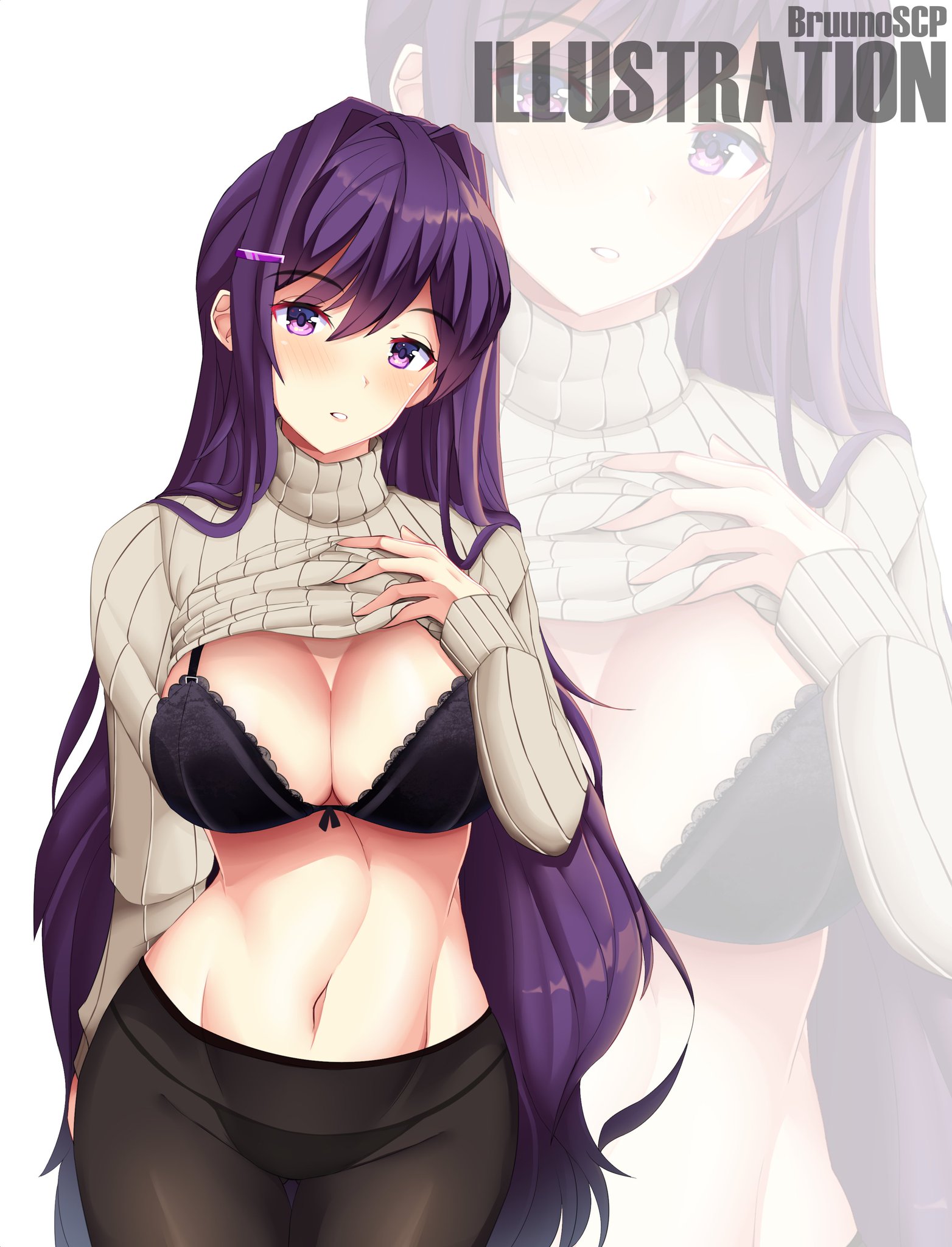 bra, breasts, bruunoscp, doki doki literature club, female, flashing, flashing breasts, looking at viewer, shirt lift, shirt up, showing breasts, showing off, tits out, yuri (doki doki literature club)