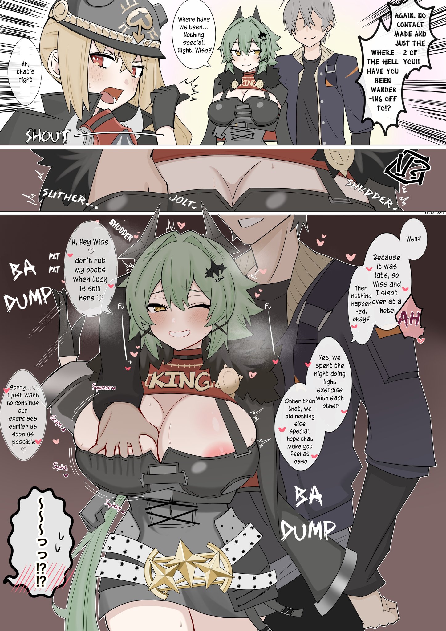 4uu (radicalmp head), blush, breasts, caesar king, caesar king (zenless zone zero), dark green hair, female, grabbing breasts, grey hair, luciana de montefio, tagme, wise (zenless zone zero), yellow eyes, zenless zone zero