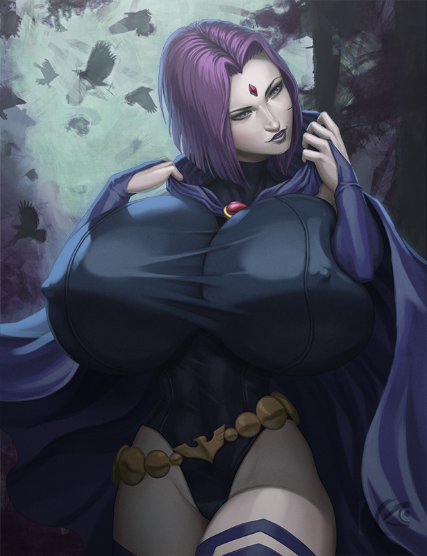 1girls, breasts, dc, dc comics, elbow gloves, female, female only, gigantic breasts, huge breasts, mangrowing, purple eyes, purple hair, rachel roth, raven (dc), short hair, solo, straight hair, teen titans, thighhighs, tight clothing