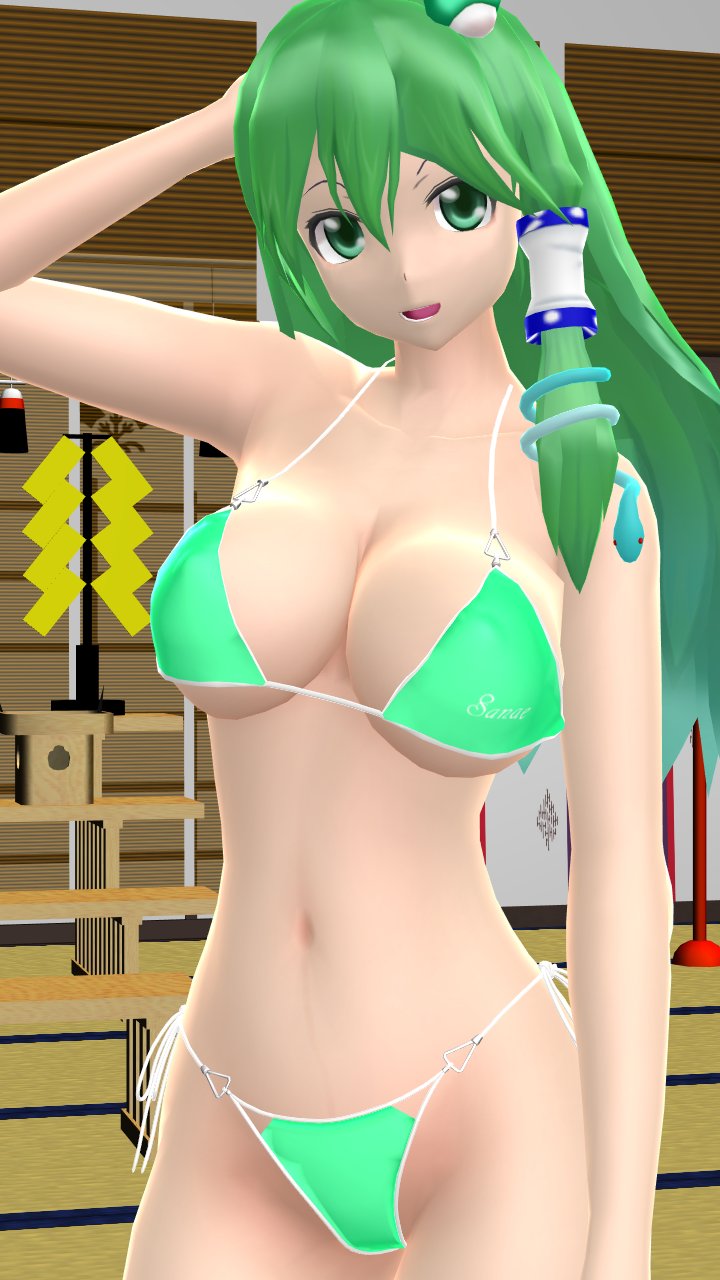 1girls 2023 3d adult_female belly_button bikini breasts clavicle cleavage frog_hair_ornament green_bikini green_eyes green_hair_female hati_yukkuri_mmd hips indoors interior_background light-skinned_female long_hair_female looking_at_viewer mmd one_arm_up open_mouth sanae_kochiya shrine shrine_maiden snake_hair_ornament solo_female solo_focus swimsuit touhou waist