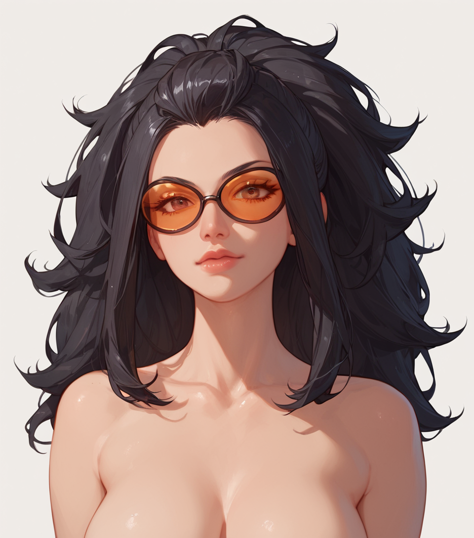 ai_generated big_breasts black_hair boosty_slyndor brown_eyes dr._naomi naked naked_female no_more_heroes nude nude_female orange_glasses patreon patreon_slyndor patreon_username simple_background slyndor stable_diffusion white_background wild_hair