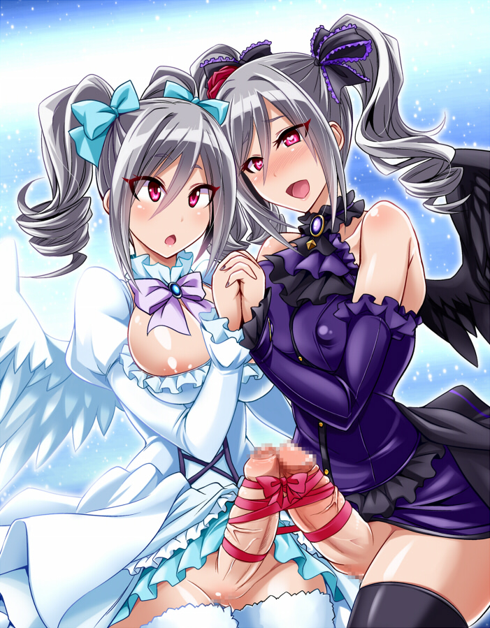 2futas :d angel_wings areola_slip areolae black_legwear black_wings blush breasts censored covered_nipples detached_sleeves drill_hair dual_persona erection feathered_wings foreskin futa_only futa_with_futa futanari hair heart heart-shaped_pupils holding_hands human idolmaster idolmaster_cinderella_girls intact kanzaki_ranko kobayashi_tetsuya mosaic_censoring open_mouth partially_retracted_foreskin penis penis_ribbon penises_touching retracted_foreskin ribbon shared_ribbon shaved_crotch silver_hair smile symbol-shaped_pupils thighhighs twin_drills uncut veiny_penis white_legwear white_wings wings