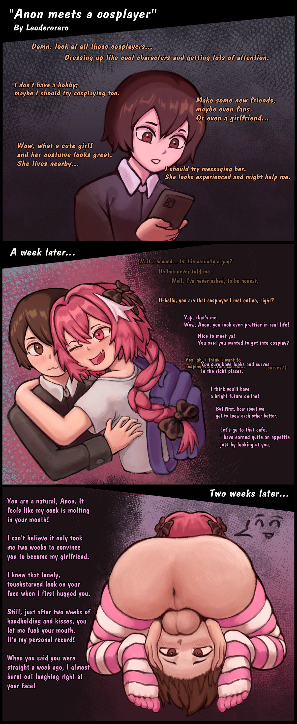 2boys 2femboys 3koma accidentally_gay astolfo_(fate) astolfo_(fate)_(cosplay) brown_hair comic cosplay face_fucking femboydom gay irrumatio leoderorero male_sucking_femboy pink_hair tagme yaoi