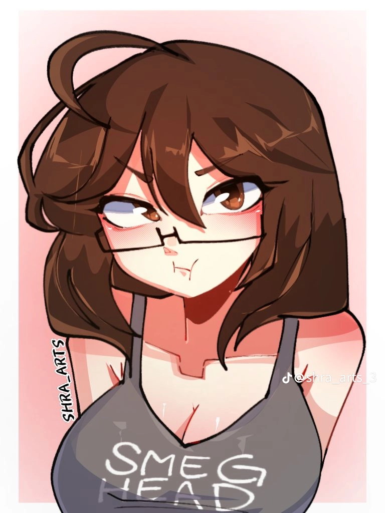 big_breasts blush brown_hair cleavage female glasses shra_arts tank_top