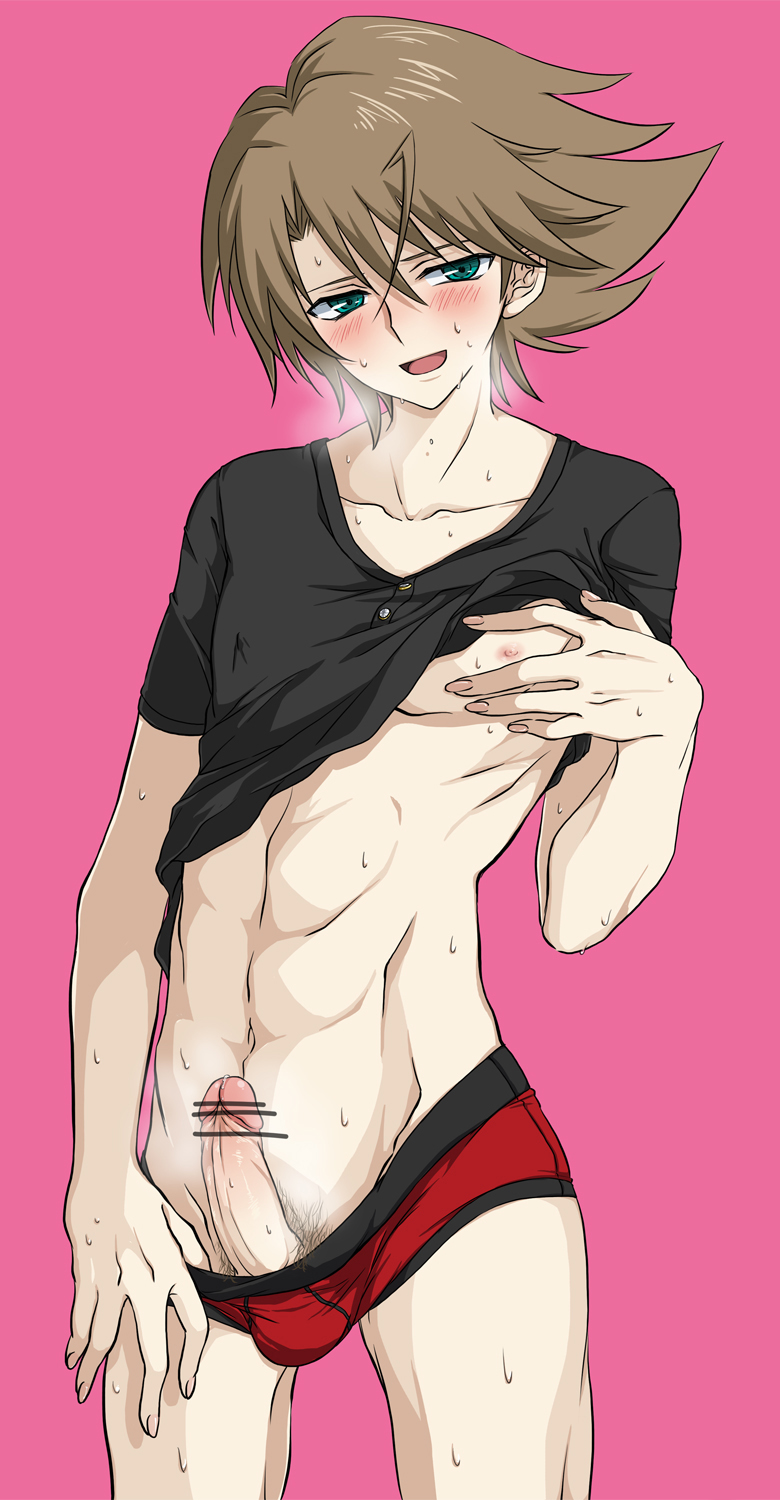 1boy abs blush brown_hair cardfight!!_vanguard erection green_eyes kai_toshiki looking_at_viewer male_only muscle naughty_face nipples penis smile solo steam sweat tagme testicles wet