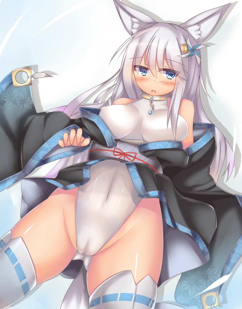 animal_ears blue_eyes blush breasts cameltoe female fox_ears hair_ornament japanese_clothes kimono kutan leotard long_hair mizu_aoi mizuki_(kutan) off_shoulder original silver_hair solo tail thighhighs