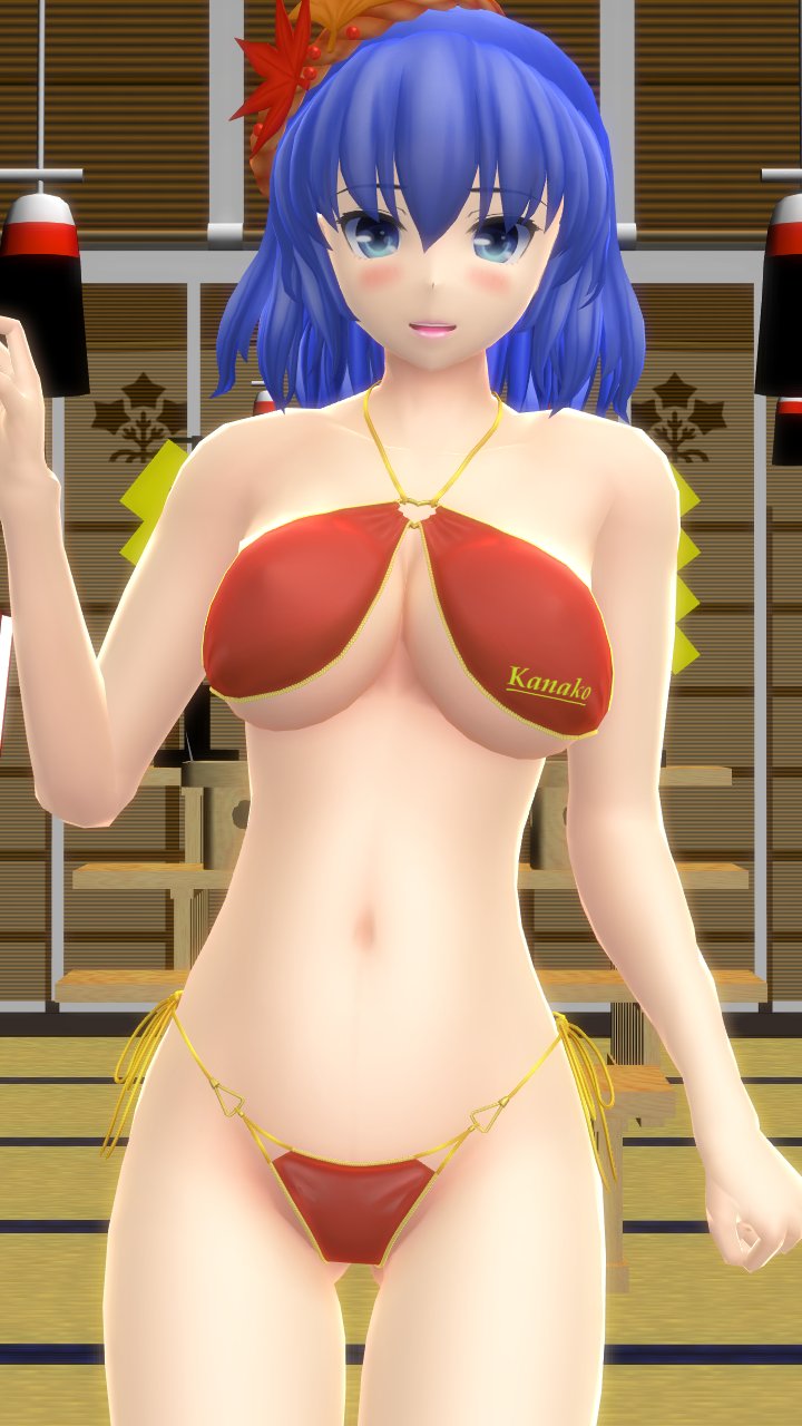 1girls 2023 3d belly_button bikini blue_eyes blue_hair_female blush breasts cleavage deity god hati_yukkuri_mmd headwear hips indoors kanako_yasaka light-skinned_female looking_at_viewer mmd one_arm_up red_bikini short_hair_female solo_female solo_focus swimsuit touhou waist