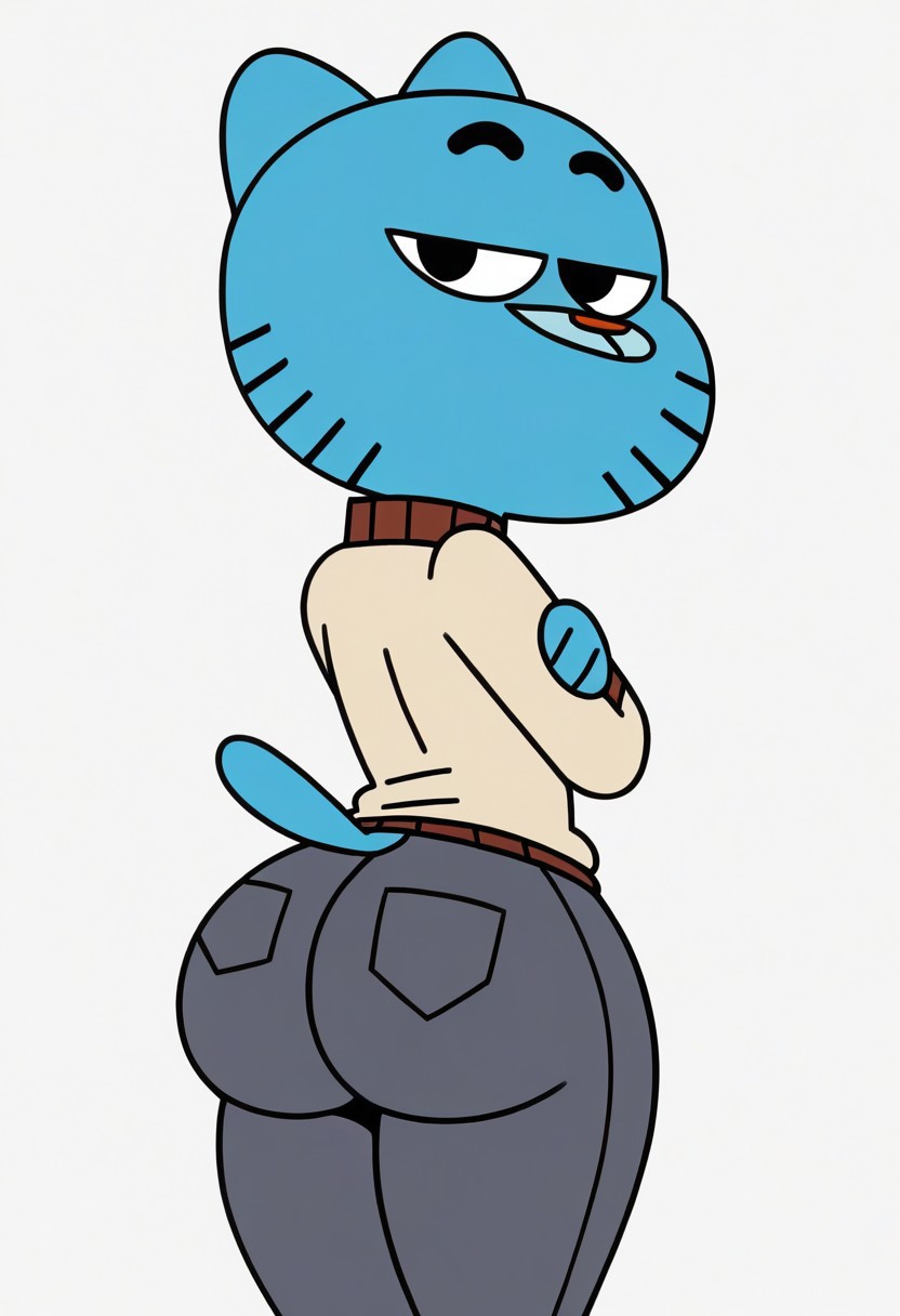 1boy accurate_art_style ai_generated ass_focus blue_body bubble_butt cartoon_network cat_ears clothed crossed_arms feline furry gumball_watterson large_ass large_butt lidded_eyes looking_back_at_viewer looking_down pants rear_view simple_background smiling_at_viewer solo solo_focus solo_male sweater tail the_amazing_world_of_gumball thick_thighs upper_body whiskers white_background