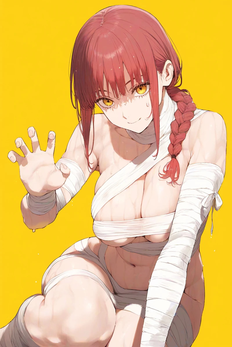 ai_generated bare_thighs braided_ponytail chainsaw_man demon_girl gigantic_breasts halloween huge_breasts huge_thighs light-skinned_female light_skin looking_at_viewer makima_(chainsaw_man) massive_breasts mommy mummy mummy_costume mummy_wrappings oiled_body oiled_skin red_hair shounen_jump smiling solo_female squatting sweat sweatdrop tarte_(artist) thick_body thick_female thick_thighs thighs voluptuous voluptuous_female yellow_eyes