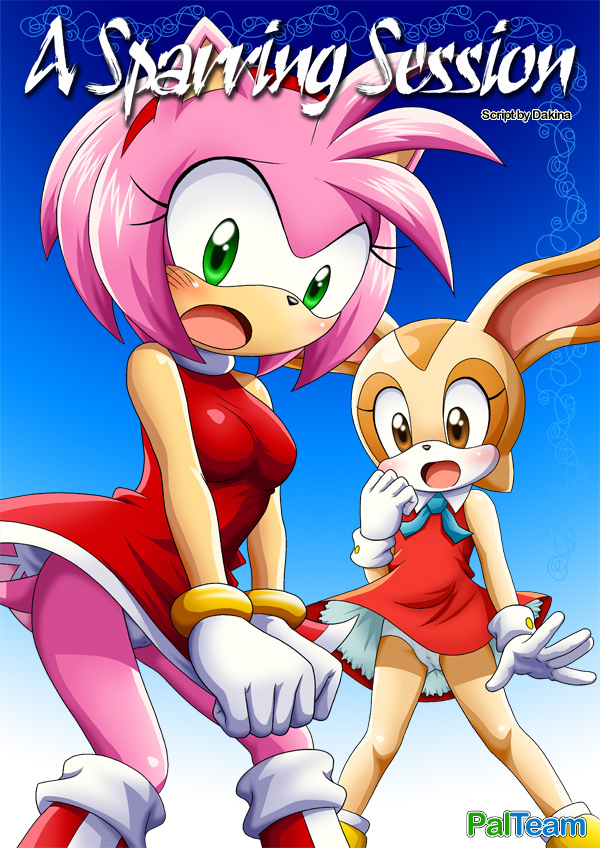 a sparring session, amy rose, anthro, bbmbbf, blush, brown eyes, clothing, comic, cover, cover page, cream the rabbit, dakina (writer), duo, female, fur, green eyes, hedgehog, mobius unleashed, palcomix, panties, pink fur, rabbit, sega, sonic (series), sonic the hedgehog (series), tan fur, underwear, upskirt