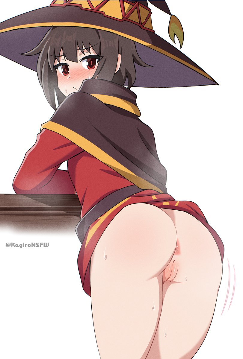 1girls anus ass blush brown_hair cloak female hat kagironsfw kono_subarashii_sekai_ni_shukufuku_wo! little_girl looking_back megumin partially_clothed petite petite_body petite_female rear_view red_eyes robe robe_up short_girl solo solo_female sweat witch_hat youjo