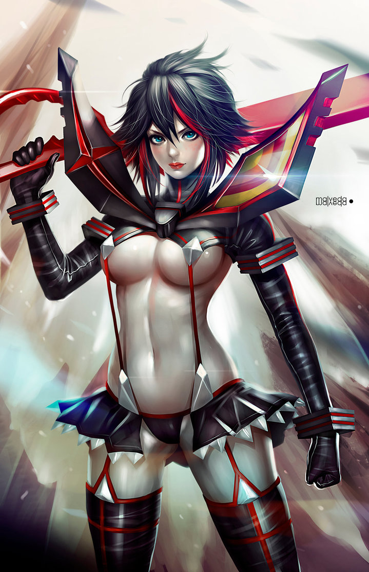 1girls, alex-malveda, breasts, eyeshadow, female, female only, garter straps, kill la kill, lipstick, makeup, matoi ryuuko, navel, scissor blade, senketsu, skirt, solo, suspenders, tagme, two-tone hair