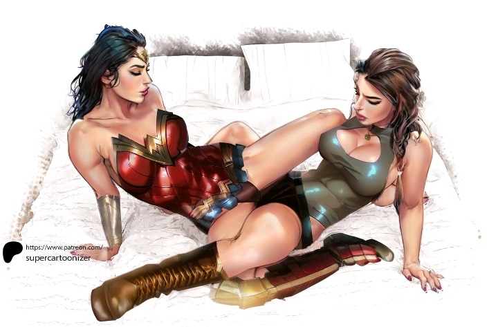 2females 2girls ai_generated bed black_hair boob_window brown_hair cleavage cleavage_cutout crossover dc dc_comics deviantart_link diana_prince female female_only huge_breasts justice_league lara_croft large_breasts light-skinned_female light_skin patreon patreon_logo patreon_username pillows strapless supercartoonizer superheroine tomb_raider tribadism tribadism_through_clothing wonder_woman wonder_woman_(series) yuri