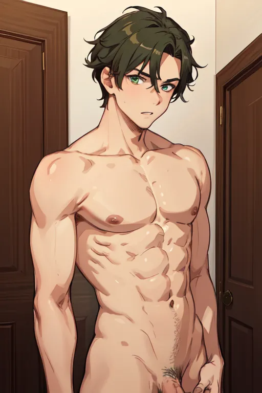 abs ai_generated anime_style brown_hair dick gay green_eyes hot_guy male muscular_male