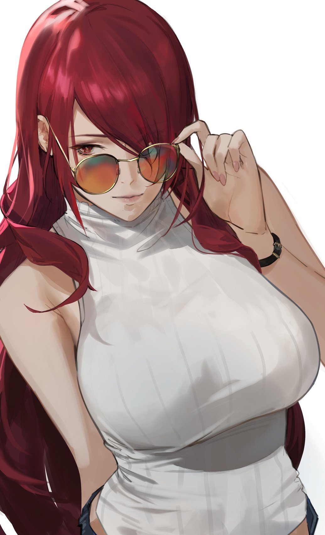 1girls adjusting_eyewear big_breasts breasts closed_mouth female female_focus hair_over_one_eye hand_on_eyewear highres j@ck large_breasts long_hair looking_at_viewer matching_hair/eyes mitsuru_kirijo persona persona_3 red_eyes red_hair sleeveless sleeveless_turtleneck solo sunglasses sweater turtleneck turtleneck_sweater white_background white_sweater