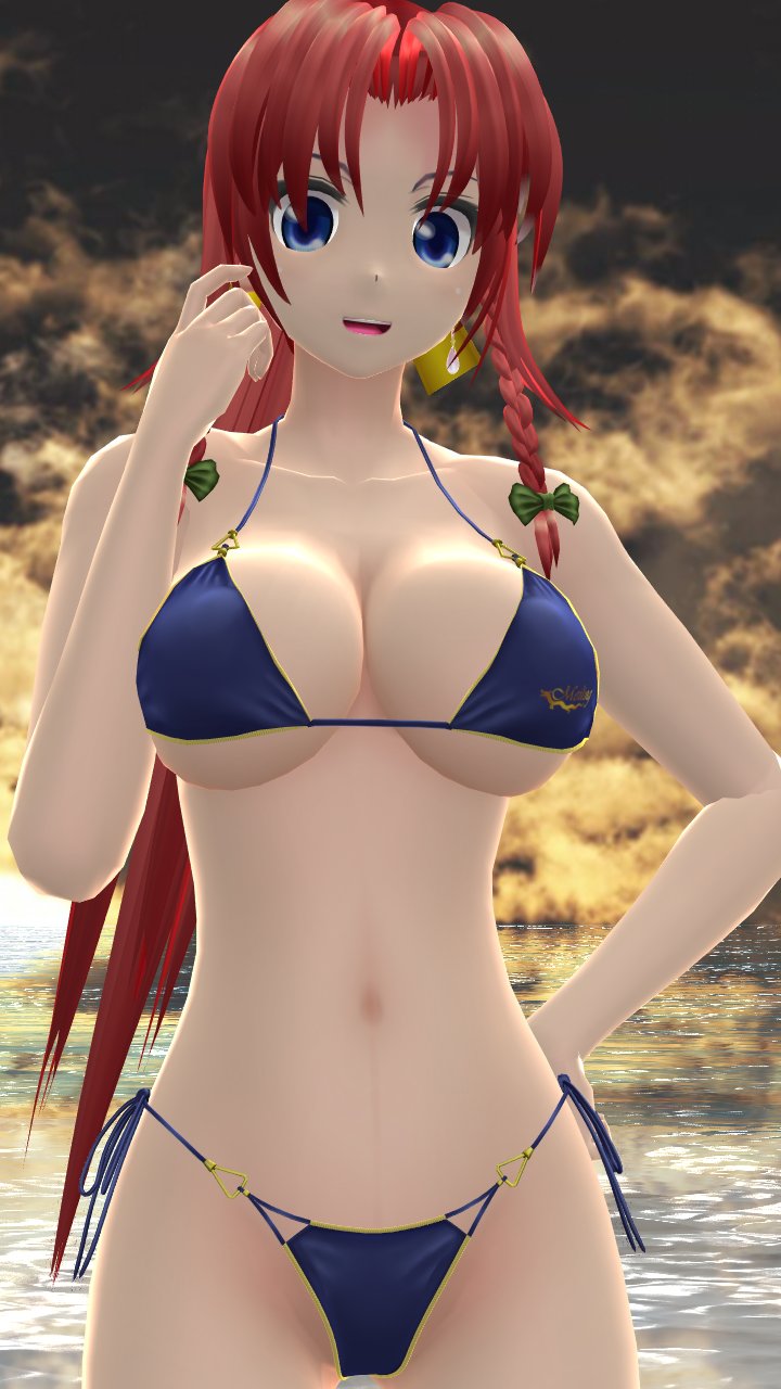 1girls 2023 3d beach belly_button below_view bikini blue_bikini blue_eyes breasts clavicle cleavage clouds earring green_bowtie hand_on_head hand_on_hip hati_yukkuri_mmd hips hong_meiling light-skinned_female long_hair_female looking_at_viewer midriff mmd one_arm_up open_mouth outdoors red_hair_female sky solo_female solo_focus sunset swimsuit tied_hair touhou waist water yellow_ribbon youkai