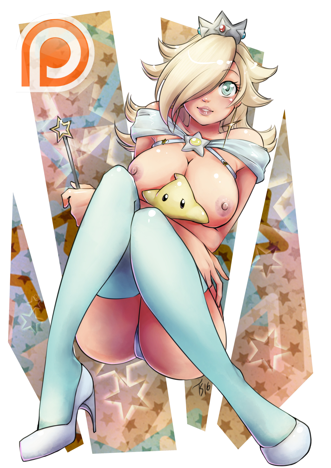 areolae bare_shoulders blonde_hair blue_eyes breasts crown earrings female gradient gradient_background hair_over_one_eye high_heels lips lips_parted looking_at_viewer luma mario_(series) nintendo nipples panties parted_lips princess_rosalina super_mario_galaxy tetisuka thighhighs topless wand