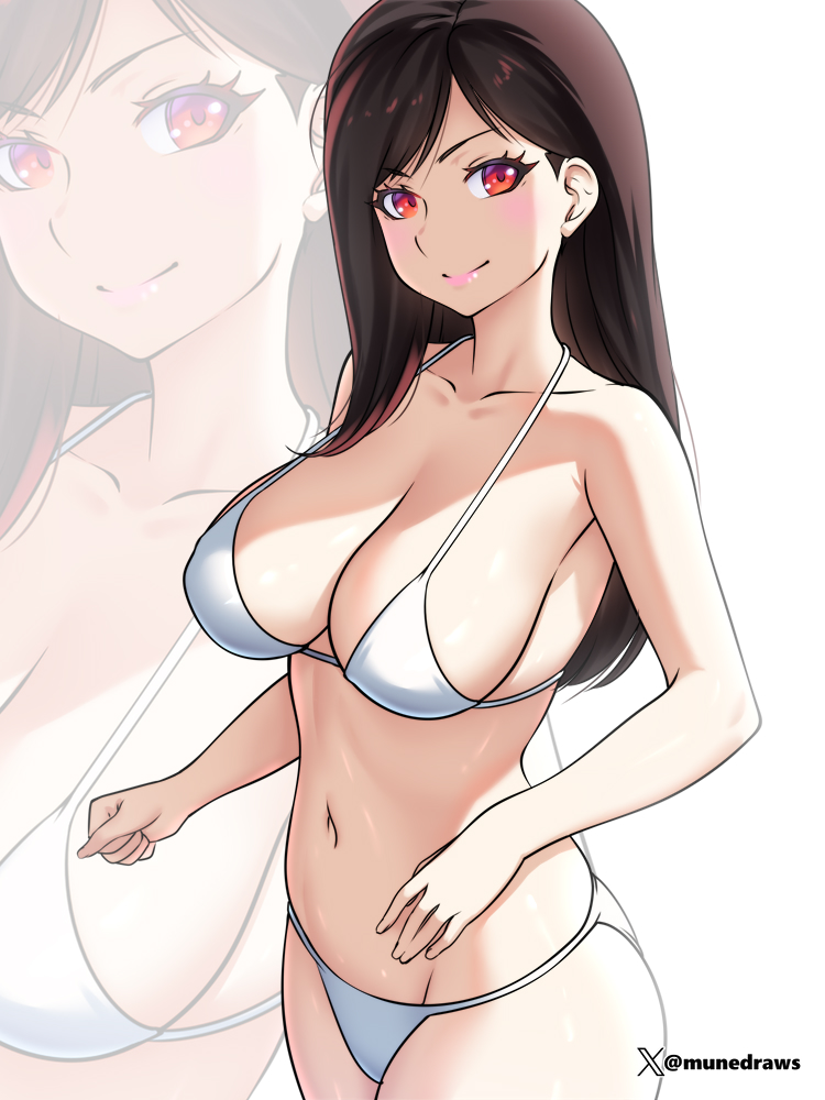 1girls artist_name bikini blush breasts brown_hair cleavage clenched_hand cowboy_shot etchimune female female_only final_fantasy final_fantasy_vii large_breasts long_hair looking_at_viewer red_eyes smile solo swimsuit tifa_lockhart white_bikini zoom_layer