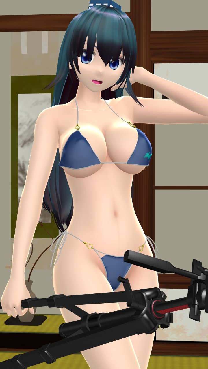 1girls 2023 3d belly_button bikini blue_eyes blue_hair_female breasts cleavage dark_blue_bikini hand_on_hair hat hati_yukkuri_mmd hips holding_object iizunamaru_megumu indoors light-skinned_female long_hair_female looking_at_viewer mmd one_arm_up open_mouth solo_female solo_focus swimsuit tengu tokin_hat touhou tripod waist youkai