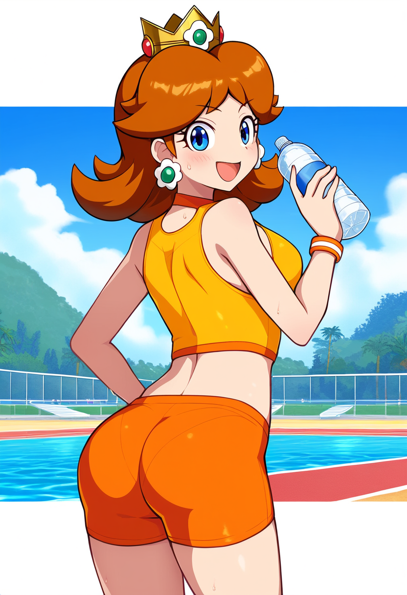 ai_generated mario_(series) nintendo panties_visible_through_clothing pantylines pool poolside princess_daisy solo solo_female super_mario_bros. water_bottle