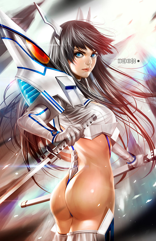 1girls, alex-malveda, artist name, ass, bakuzan, black hair, blue eyes, bottomless, color, eyeliner, eyeshadow, female, female only, junketsu, kill la kill, kiryuuin satsuki, lipstick, long hair, makeup, partially clothed, solo, standing, sword, weapon