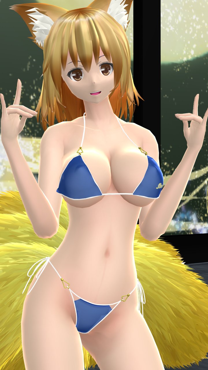 1girls 2023 3d arms_up belly_button bikini blonde_hair_female blue_bikini breasts brown_eyes clavicle cleavage fox_ears hand_gesture hati_yukkuri_mmd hips kemonomimi light-skinned_female looking_at_viewer mmd nine_tailed_fox ran_yakumo shinigami short_hair_female solo_female solo_focus swimsuit touhou waist youkai