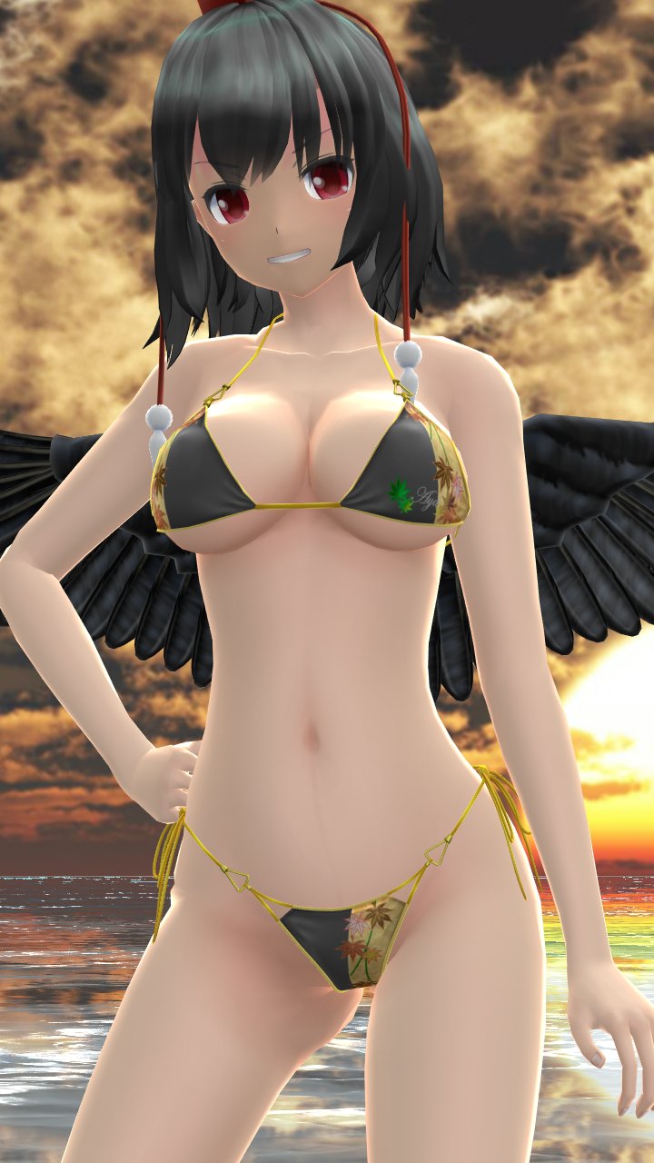 1girls 2023 3d beach belly_button bikini black_hair_female breasts cleavage clouds hand_on_hip hat hati_yukkuri_mmd light-skinned_female looking_at_viewer mmd outdoors red_eyes shameimaru_aya short_hair_female sky smiling_at_viewer solo_female solo_focus sunset swimsuit tengu tokin_hat touhou waist water youkai