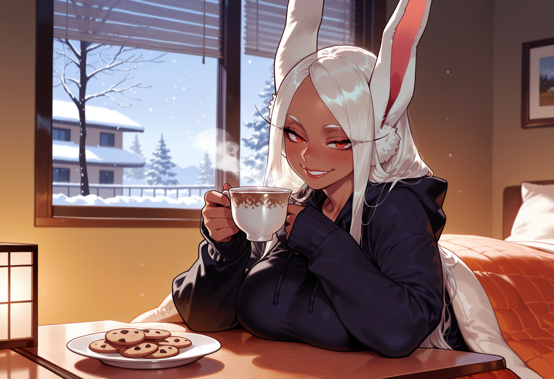 1girls, ai generated, animal ear fluff, animal ears, balecxi, bangs, bare tree, black hoodie, blanket, blush, boku no hero academia, breast rest, breasts, breasts on table, brown lips, bunny girl, clothing, cookie, cup, curvaceous, curvaceous female, curvaceous figure, curvy, curvy figure, dark skin, dark-skinned female, eyelashes, female, female focus, female only, fingernails, food, grin, half-closed eyes, holding, holding cup, hood, hood down, hoodie, indoors, kotatsu, lamp, large breasts, lips, long eyelashes, long hair, long sleeves, looking at viewer, mirko, mug, my hero academia, nail polish, naughty face, parted bangs, pillow, plate, rabbit ears, rabbit girl, red eyes, sleeves past wrists, smile, snow, snowing, solo, steam, table, teacup, teeth, tree, under covers, under kotatsu, under the table, usagiyama rumi, voluptuous, voluptuous female, white hair, window, window blinds, winter