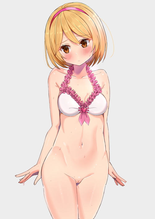 arms_at_sides bikini bikini_top blonde_hair blush bottomless breasts brown_eyes djeeta_(granblue_fantasy) embarrassed female female frilled_bikini frills granblue_fantasy grey_background hair_ornament hairband looking_away looking_to_the_side medium_breasts navel pussy s_sasaki_09140 short_hair simple_background solo standing swimsuit uncensored wet