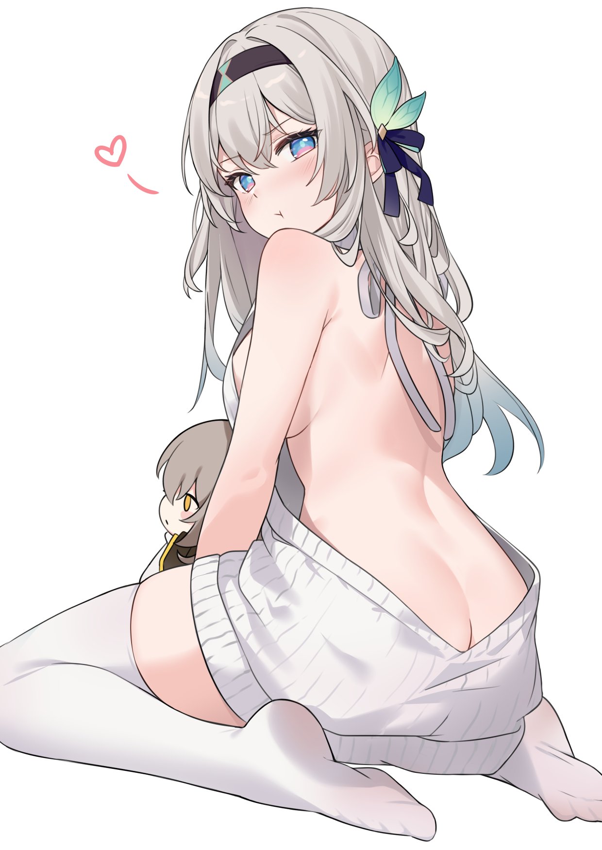 1girls artist_request ass back bare_back breasts female firefly_(honkai:_star_rail) grey_hair heart honkai:_star_rail honkai_(series) hoyoverse plushie pout sideboob solo stelle_(honkai:_star_rail) tagme thighhighs thighs virgin_killer_sweater