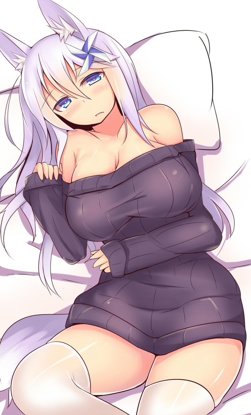 animal_ears blue_eyes blush breasts cleavage dress female fox_ears hair_ornament kutan large_breasts long_hair mizu_aoi mizuki_(kutan) original purple_hair ribbed_sweater sleeves_past_wrists solo sweater sweater_dress thighhighs