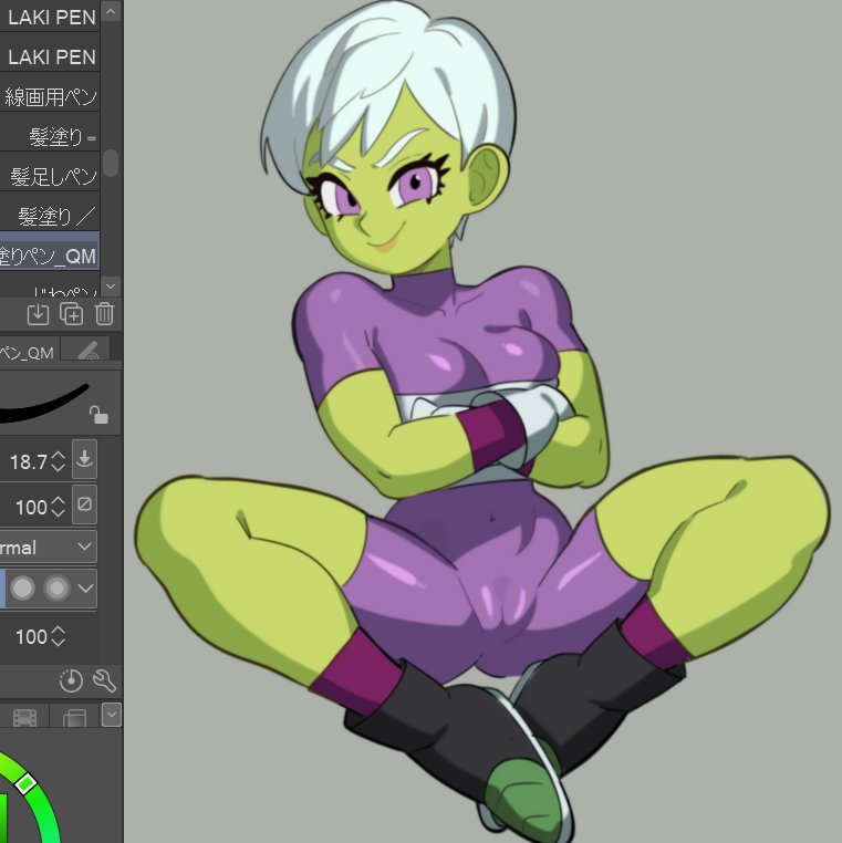 1girls alien_girl bodysuit cameltoe cheelai dragon_ball_super female green_skin motisma_1 purple_eyes short_hair white_hair wip wiping