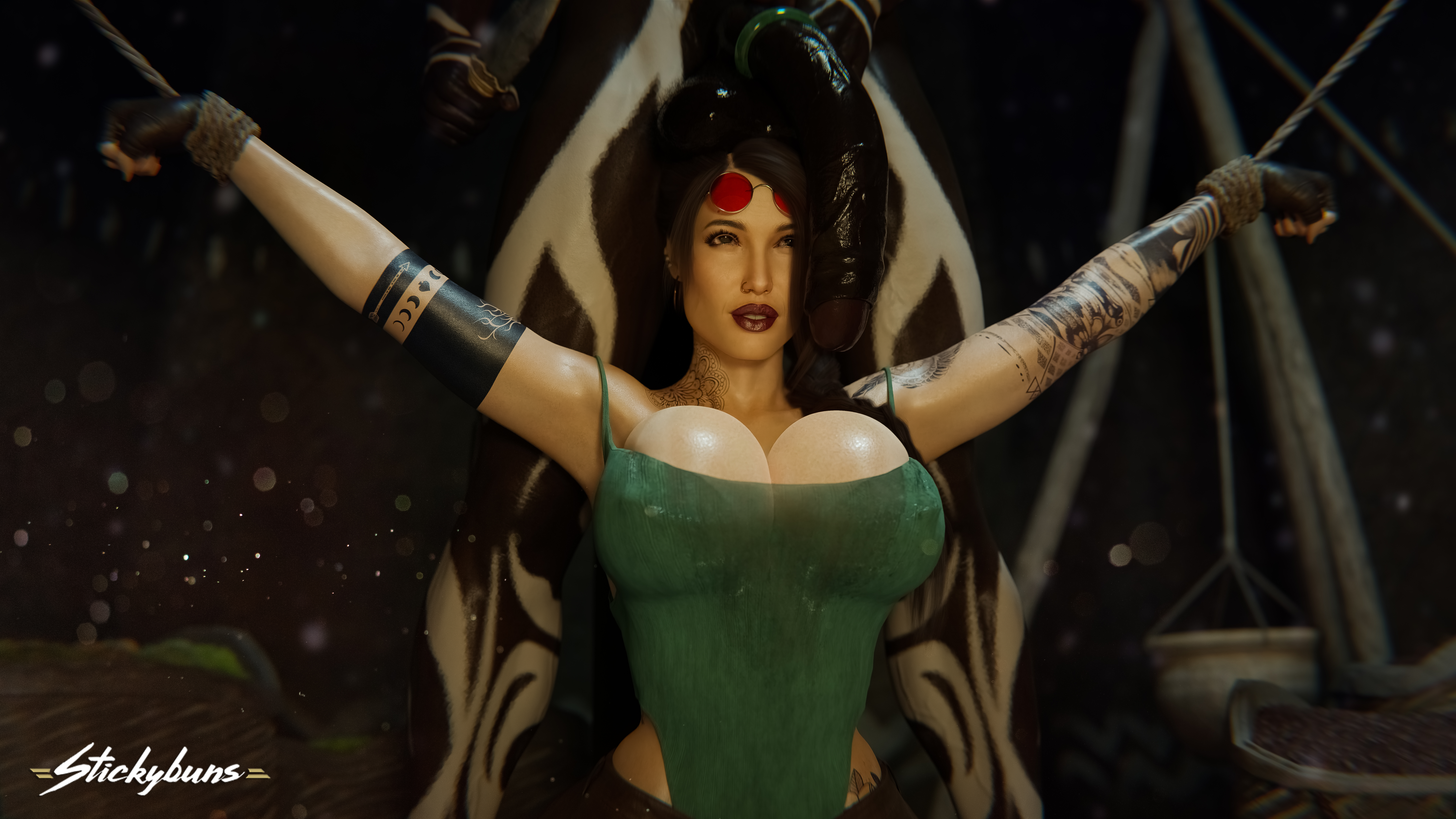3d, big breasts, big penis, bondage, breasts, cleavage, cleavage overflow, cock ring, dark skin, dark-skinned male, female, interracial, lara croft, lara croft (classic), leotard, lipstick, male, penis, penis awe, penis on head, queen of spades, restrained, stickybuns, sunglasses, sunglasses on head, tattoo, tomb raider, tomb raider (classic), tribal, tribal male, tribal markings, tribesman
