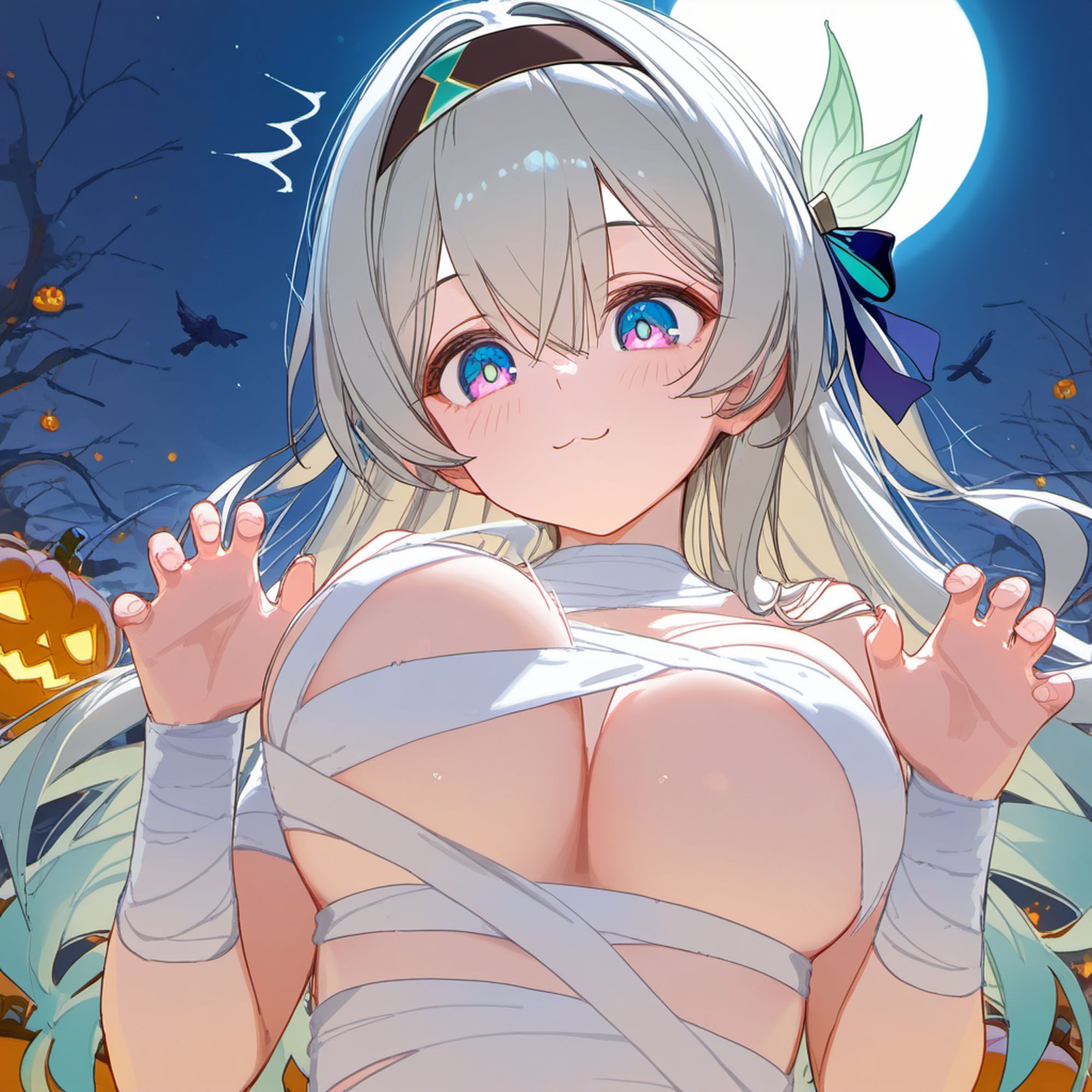 :3, 1girls, ai generated, artist request, big breasts, breasts, cleavage, female, firefly (honkai: star rail), halloween, honkai (series), honkai: star rail, hoyoverse, large breasts, long hair, mummy, mummy costume, mummy wrappings, solo