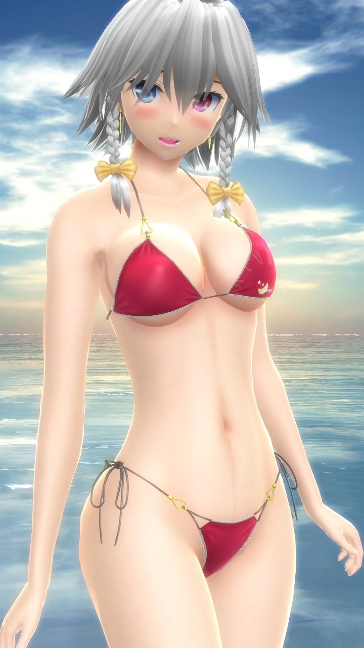 1girls 2023 3d beach belly_button bikini blush breasts clavicle cleavage clouds earrings grey_hair_female hati_yukkuri_mmd heterochromia hips light-skinned_female mmd open_mouth outdoors red_bikini sakuya_izayoi short_hair_female sky solo_female solo_focus sun sunset swimsuit tied_hair touhou waist water yellow_bowtie