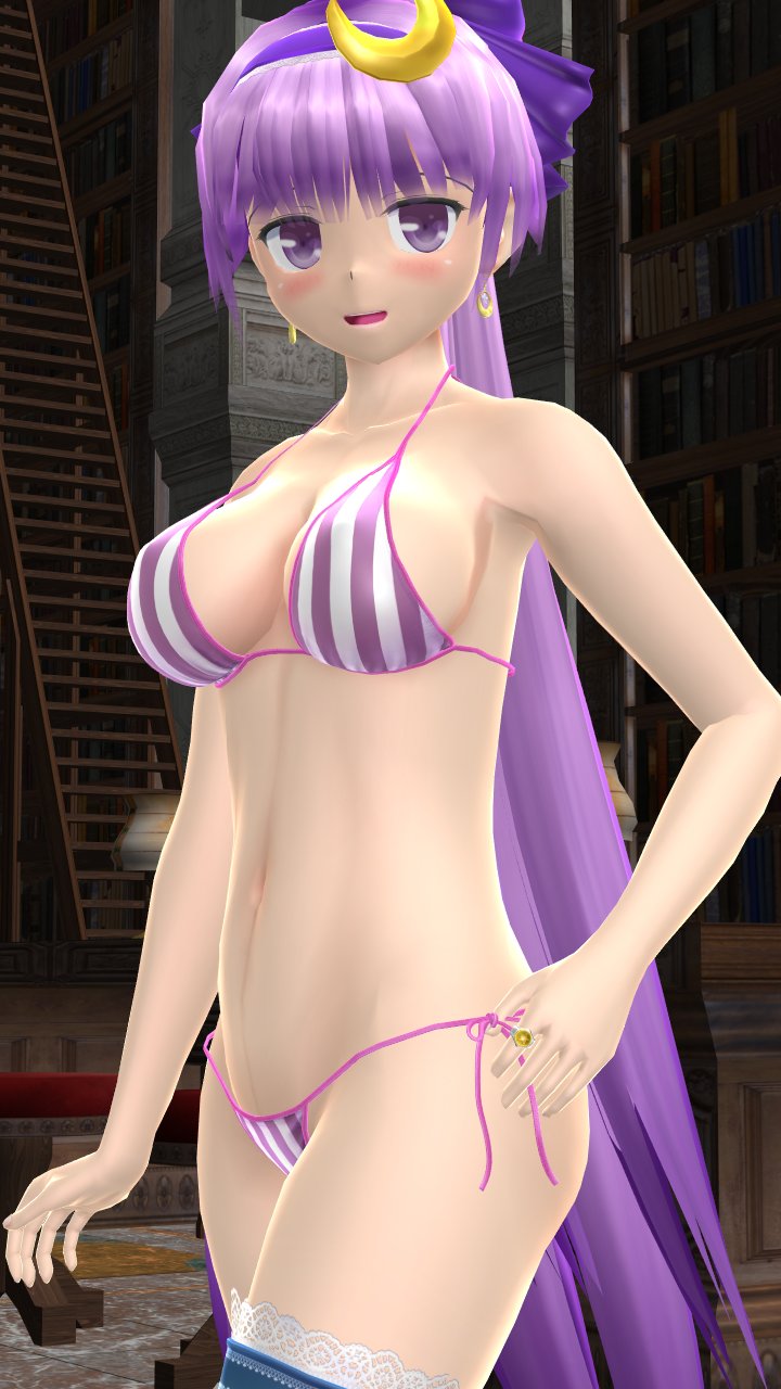 1girls 2023 3d armpit ass belly_button bikini breasts clavicle cleavage cresent_moon earrings hand_on_hip hati_yukkuri_mmd headband hips human indoors legwear library light-skinned_female long_hair_female looking_at_viewer midriff mmd open_mouth patchouli_knowledge purple_eyes purple_hair_female purple_ribbon side_boob solo_female solo_focus swimsuit table tied_hair touhou waist