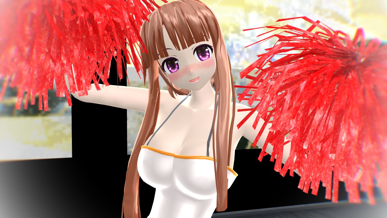 1girls 2023 3d armpit blush breasts brown_hair_female cheerleader cleavage hati_yukkuri_mmd human jpeg light-skinned_female long_hair_female looking_at_viewer mmd nishida_satono open_mouth pink_eyes pom_poms red_pom_poms smiling_at_viewer solo_female solo_focus swimsuit touhou white_swimsuit