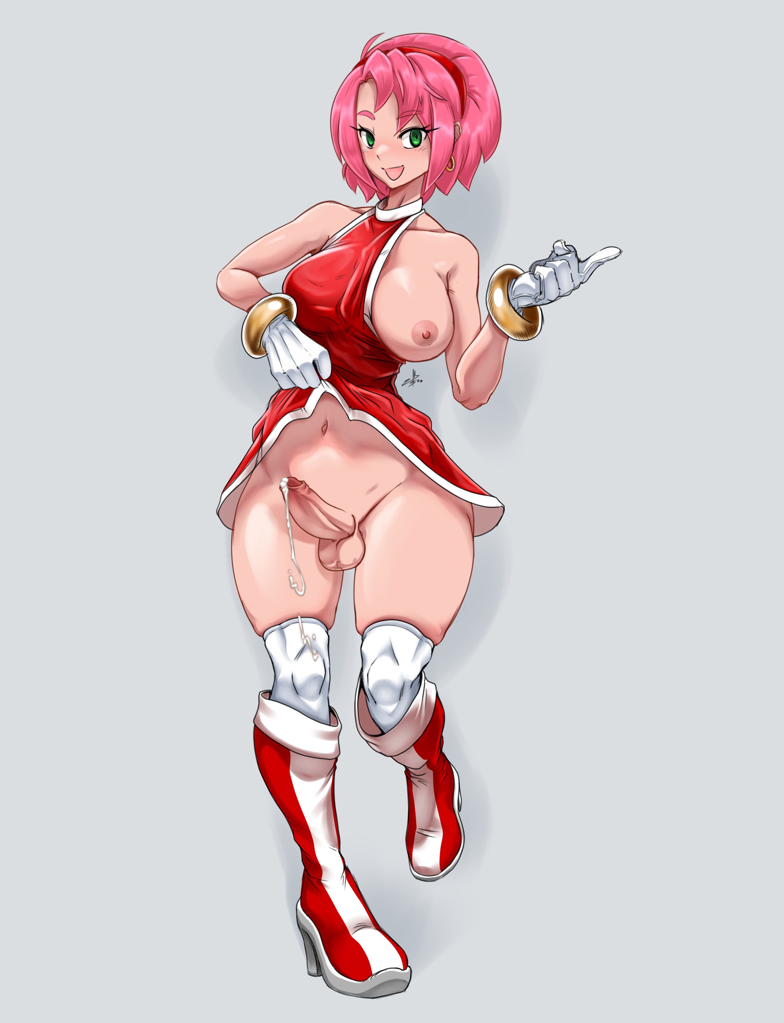 1futa, amy rose, balls, big breasts, boots, bracelets, dress, earrings, erection, foreskin, futanari, gloves, green eyes, hairband, human, humanized, jaynatorburudragon, one breast out, penis, pink hair, precum, sega, smile, sonic (series), sonic the hedgehog (series), thighhighs