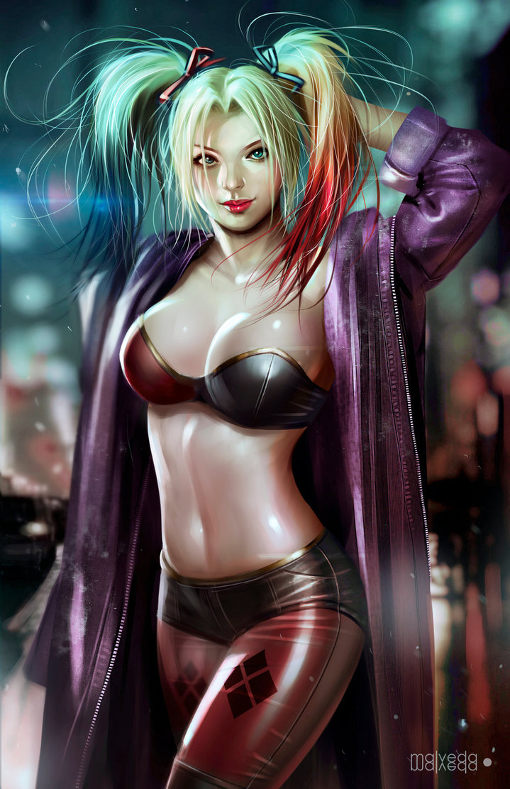 1girls, alex-malveda, batman (series), belly, black hair, blonde hair, blue eyes, bra, breasts, cleavage, covered breasts, covered nipples, dc, dc comics, female, female only, fully clothed, harley quinn, jacket, large breasts, lipstick, makeup, multicolored hair, navel, pants, red hair, red lips, red lipstick, solo, suicide squad, tied hair, twintails