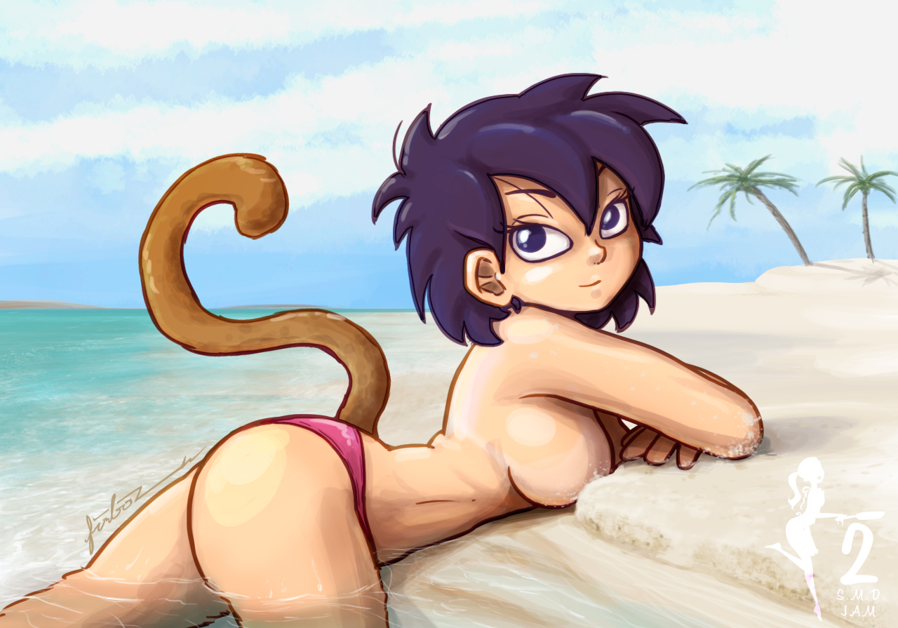 1girls, black eyes, black hair, breasts, dragon ball, dragon ball super, drawn, female, female only, furboz, gine, light skin, light-skinned female, long hair, panties, saiyan, smile, solo, spiky hair, topless