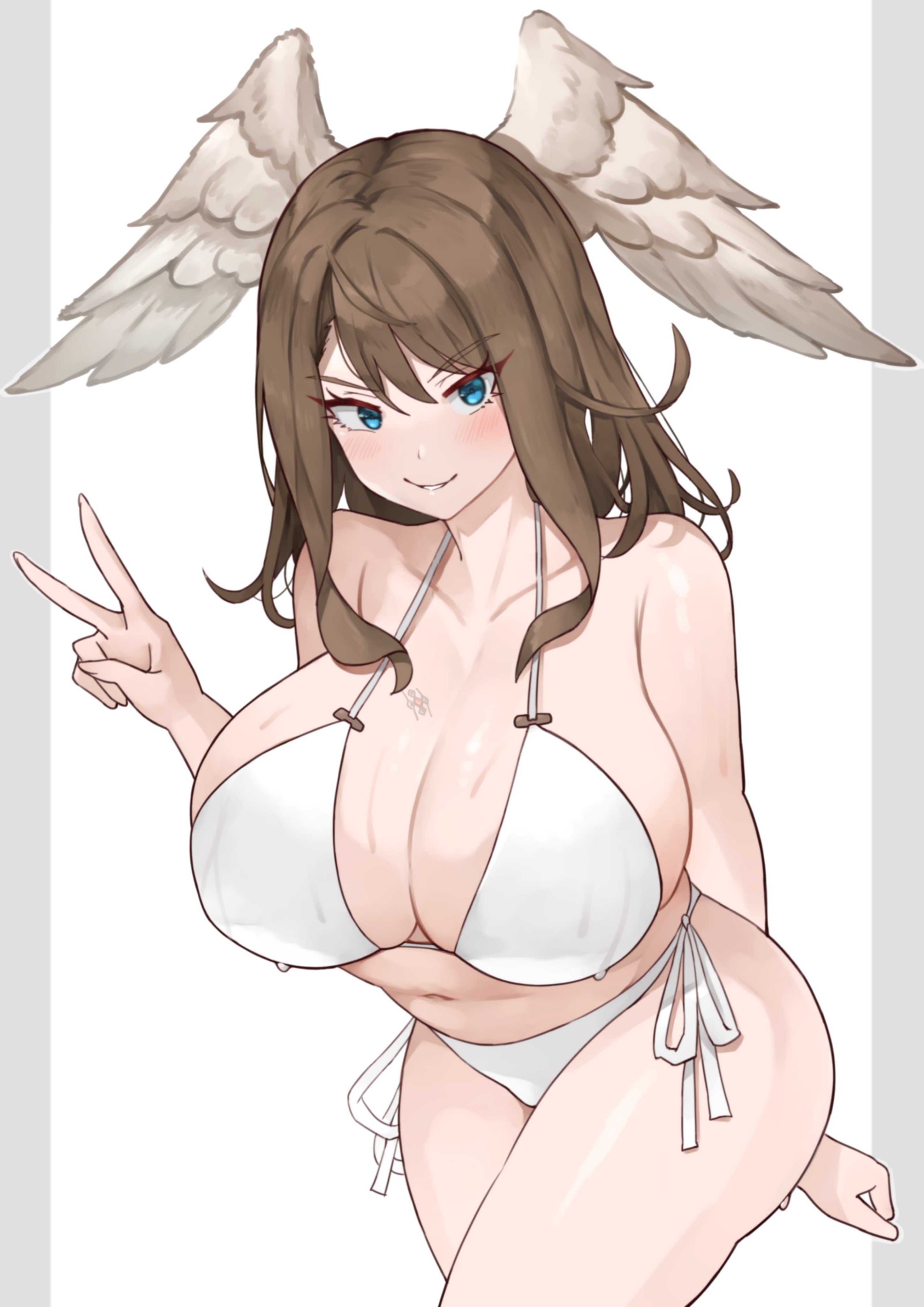 1girls, blue eyes, blush, breasts, breasts bigger than head, brown hair, eunie (xenoblade), female, huge breasts, large breasts, looking at viewer, oniisan02b, peace sign, shiorino mani (artist), white swimsuit, wide hips, wings on head, xenoblade (series), xenoblade chronicles 3, yotsuhauni