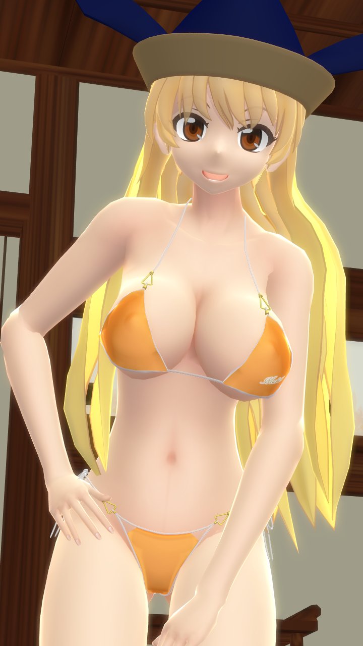 1girls 2023 3d belly_button below_view bending_forward bikini blonde_hair_female breasts brown_eyes cleavage deity god hand_on_hip hat hati_yukkuri_mmd headwear indoors light-skinned_female long_hair_female looking_at_viewer mmd okina_matara open_mouth solo_female solo_focus swimsuit touhou waist yellow_bikini