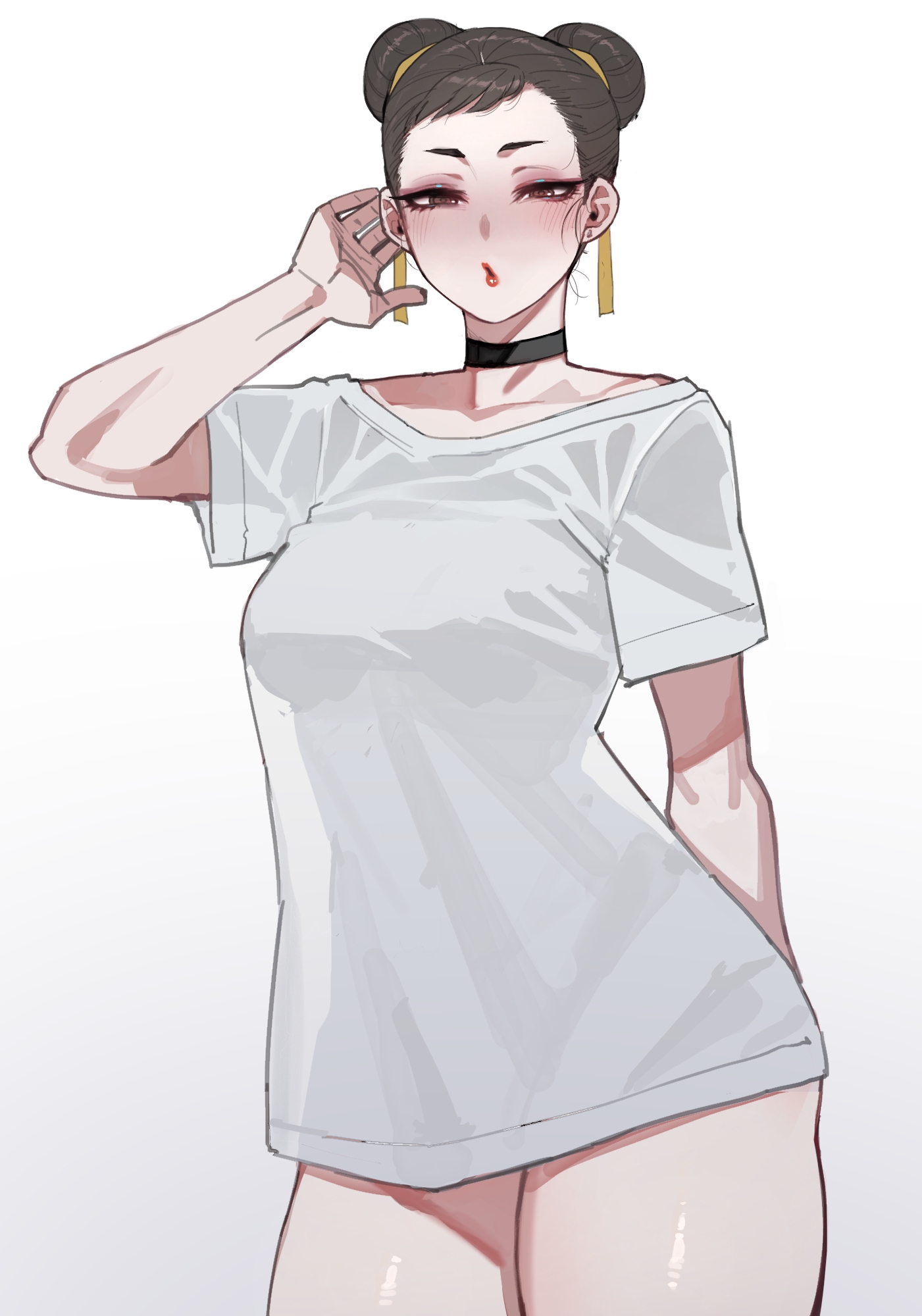 1girls, asian, asian female, big breasts, blush, breasts, brown eyes, brown hair, brunette hair, busty, capcom, chinese, chinese female, choker, chun-li, curves, curvy, earrings, female, female only, fit, fit female, hair bun, human, large breasts, light skin, light-skinned female, lipstick, looking at viewer, makeup, mature female, milf, mr.skull, open mouth, pale skin, pale-skinned female, ratatatat74, red lipstick, see-through, shirt, shirt only, silhouette, solo, street fighter, street fighter 6, t-shirt, thick, thick thighs, thighs, white background, white shirt