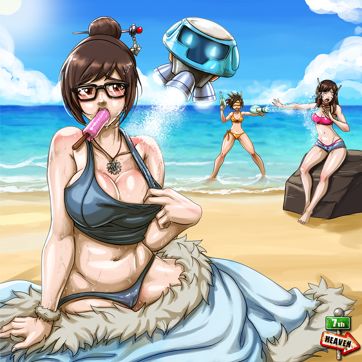 2d, 7th-heaven, activision, bikini, blizzard entertainment, blush, brown eyes, brown hair, cameltoe, d.va, day, female, female only, glasses, human, long hair, mei (overwatch), multiple females, multiple girls, outdoors, overwatch, panties, pussy, robot, short hair, snowball (overwatch), tracer, wet, whisker markings
