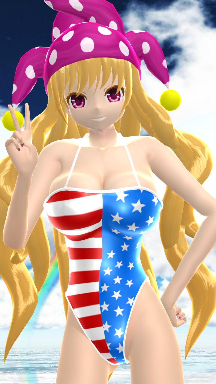 1girls 2023 3d adult_female american_flag_swimsuit beach bending_forward blonde_hair_female breasts clavicle cleavage clouds clownpiece fairy hand_on_hip hat hati_yukkuri_mmd hips jester_hat lampad light-skinned_female long_hair_female looking_at_viewer mmd outdoors peace_sign pink_eyes rainbow sky solo_female solo_focus stars_and_stripes swimsuit touhou waist water