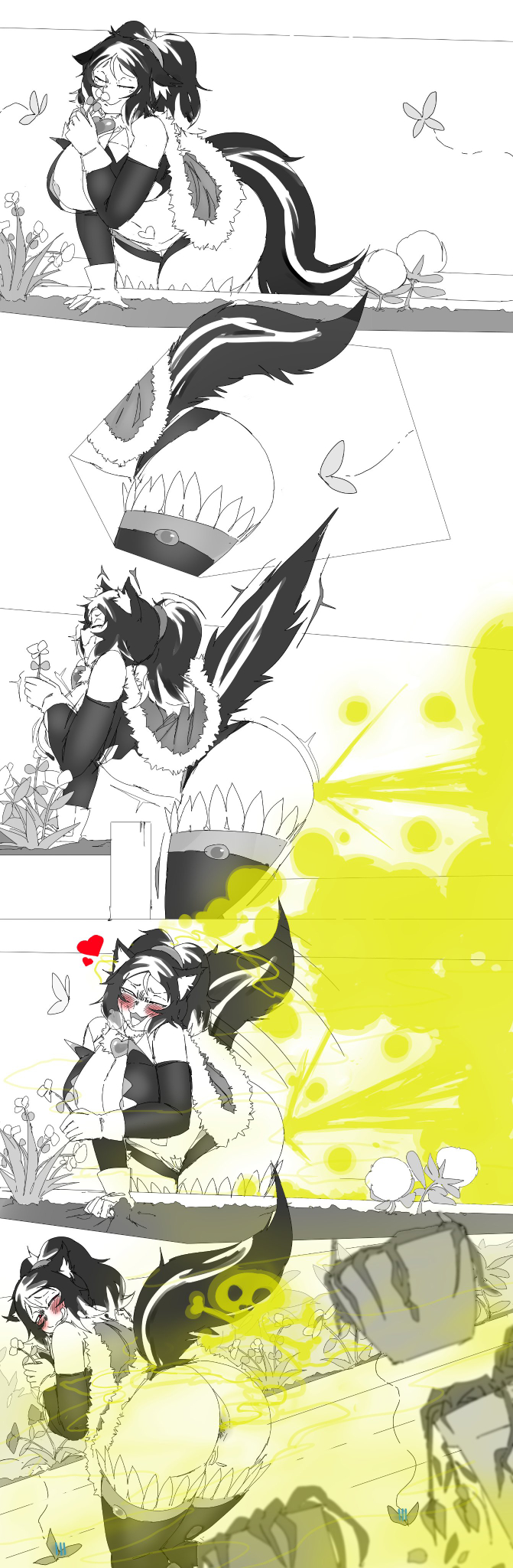 1girls big_breasts enjoying_farting fart fart_cloud fart_fetish flowers flowers_in_background lazei magical_girl_riru monochrome monochrome_background rukoruko skunk_girl wilting_flowers