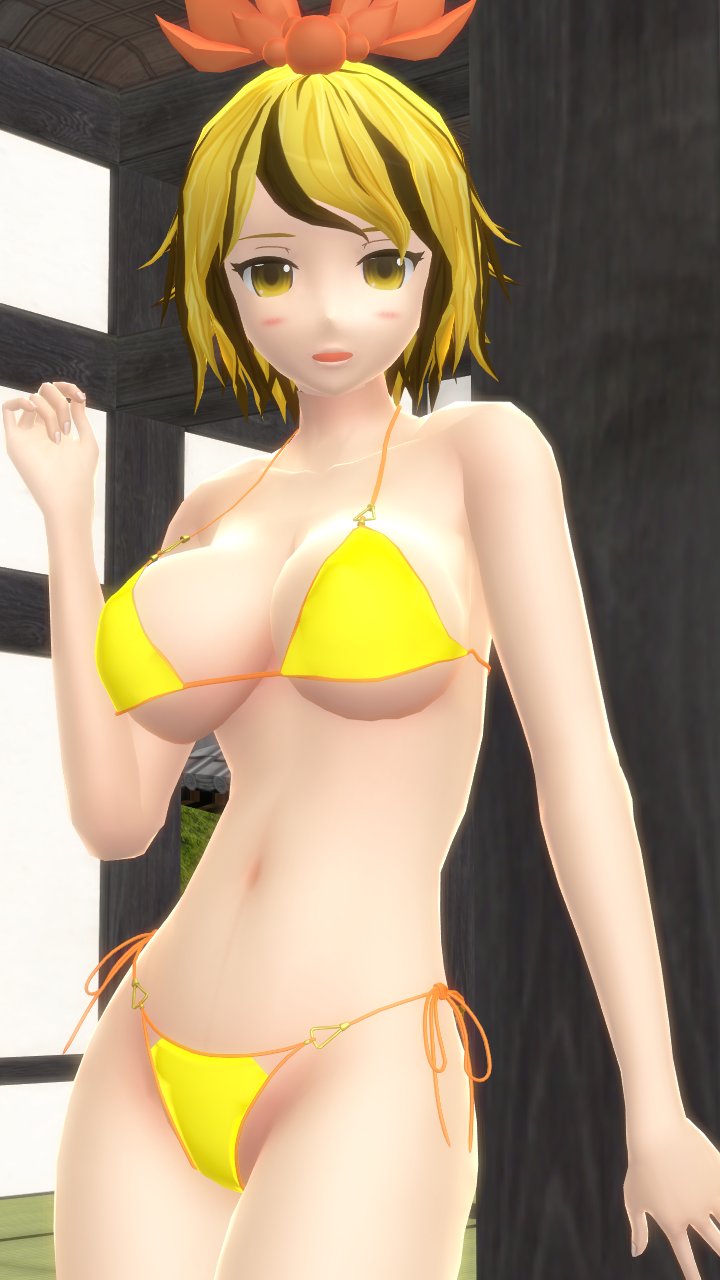 1girls 2023 3d against_wall belly_button bikini blush breasts clavicle cleavage hand_on_wall hati_yukkuri_mmd headwear hips light-skinned_female looking_at_viewer midriff mmd one_arm_up open_mouth ribbon short_hair_female side_boob solo_female solo_focus swimsuit toramaru_shou touhou waist yellow_bikini yellow_eyes youkai