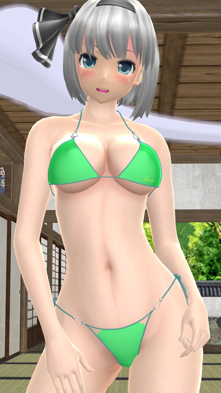 1girls 2023 3d adult_female belly_button bikini black_ribbon blue_eyes blush breasts clavicle cleavage green_bikini grey_hair_female hati_yukkuri_mmd headband hips human indoors light-skinned_female looking_at_viewer mmd open_mouth short_hair_female solo_female solo_focus spirit swimsuit touhou waist wisp youmu_konpaku